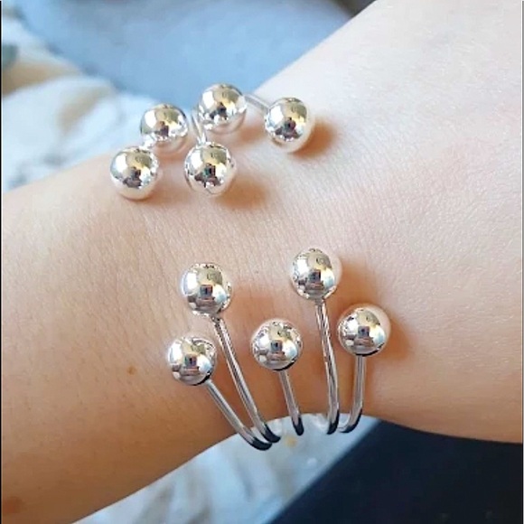 Sterling Silver Ball Beaded Bangle Bracelet Matching Ring Set - Picture 4 of 12